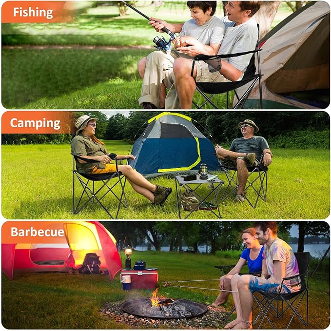 Leonyo 2 Pack Camping Chairs for Adults Lawn Chairs with Table Heavy Duty Folding Chairs for Outside Oversized &amp Comfy Sports Chair for Adults Fishing Beach Patio Hiking Lawn Travel - Black