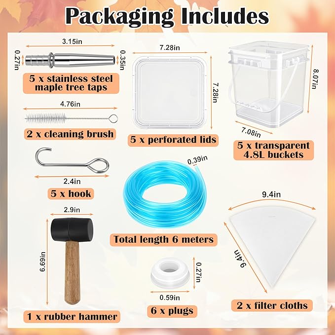 Maple Syrup Tapping Kit with 5 Stainless Steel Maple Tap Spiles HooksClear Buckets lids6 plugs19FT Food Grade Tubing Filters etc for Experts or Beginners Maple Syrup Collection Supplies