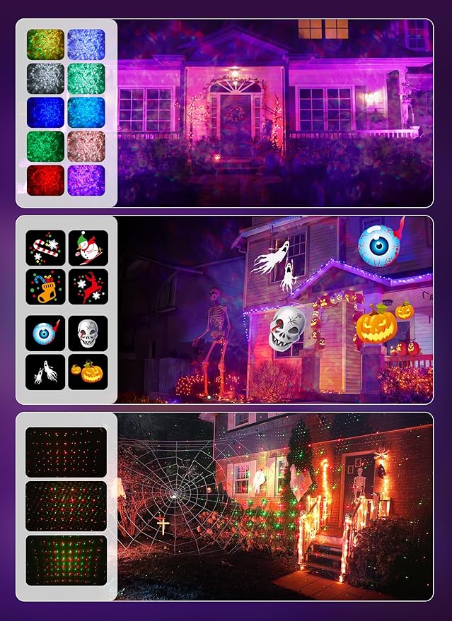 3 in 1 Halloween Christmas Projector Lights Outdoor 21 HD Effects (3D Ocean Wave + Patterns+Red Green) Waterproof with Timer Halloween Landscape Lights for Indoor Holiday