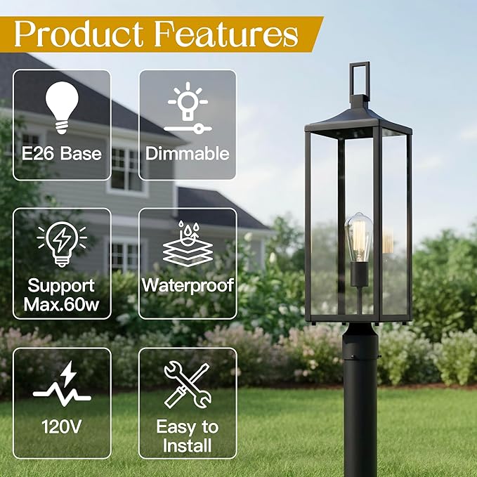 25.6” Hardwired Outdoor Post Lamp for Residential Sidewalk Lamp Post Outdoor Lighting for Exterior Gate Post Pier Mount Lights Large Size Steel and Glass 25.6inch Exterior Pillar Lantern E26