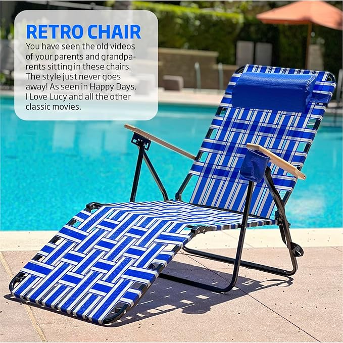 Webbing Patio Lounger Steel Chaise Lawn Chair Foldable Outdoor Great for Patio Camping Backyard Pool Wood Handles 1 Pack Blue
