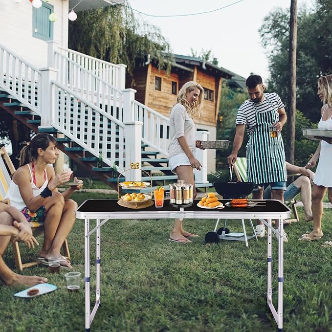 4.0 Ft Folding Portable Camping Table with Three Adjustable Heights RV Tables for Inside a Camper Outdoor BBQ Dining Picnic Cooking Beach Garden Black