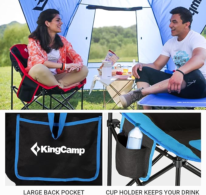 KingCamp Oversized Saucer Round Camping Chair Portable Padded Outdoor Folding Chair for Adult with Cup Holder Back Pocket Carry Bag Support Up to 300lbs Blue