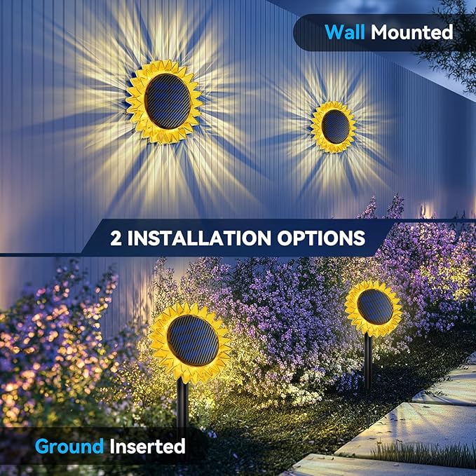 Solar Garden Lights - Upgraded Solar Sunflower Light Ground/Wall 2 In 1 Solar Outdoor Lights Waterproof IP67Garden Yard Patio Backyard Pathway Landscape Fence Wall Decoration Warm White(4 Pack)
