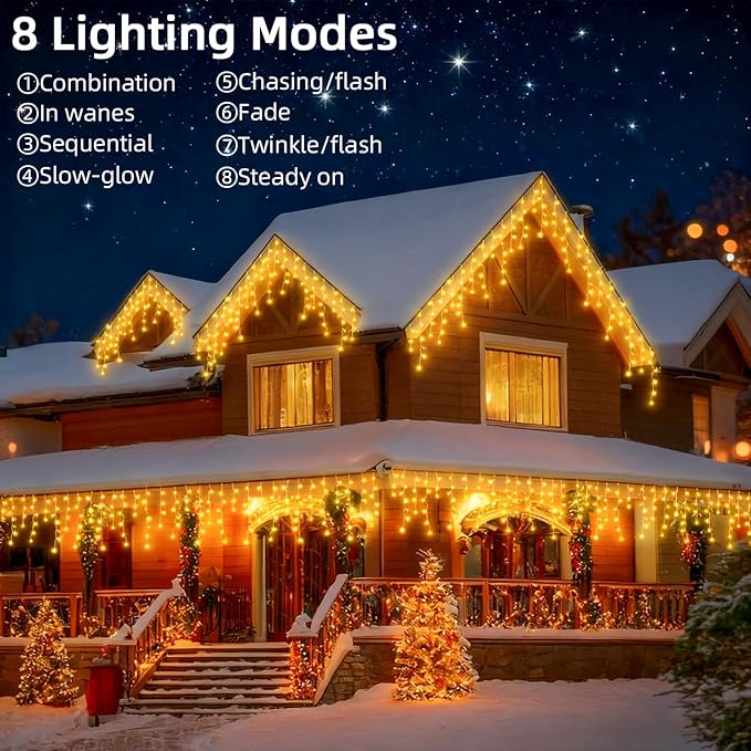 Christmas Outdoor Icicle Lights - 480 LED 66+33 FT 8 Modes Curtain Fairy String Light Plug in Waterproof for Eaves Yard Holiday Xmas Holiday Indoor Outdoor Decoration - Warm White