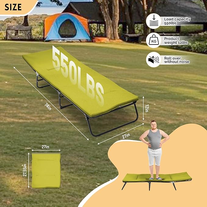 Camping Cot Outdoor Folding Cot Bed with Pad and Pillow for Adults Heavy Duty Sleeping Cot Portable Camp Cots for Camping Tent Travel Office 1200 D Layer Oxford Travel Camp Cots (Green)