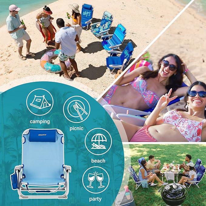 #WEJOY Folding Beach Chair for Adults 4-Position Lightweight Beach Chair Low Beach Chairs with Shoulder Strap Cup Holder and Headrest Supports 265lbs for Beach Lawn (Blue 2Pack)