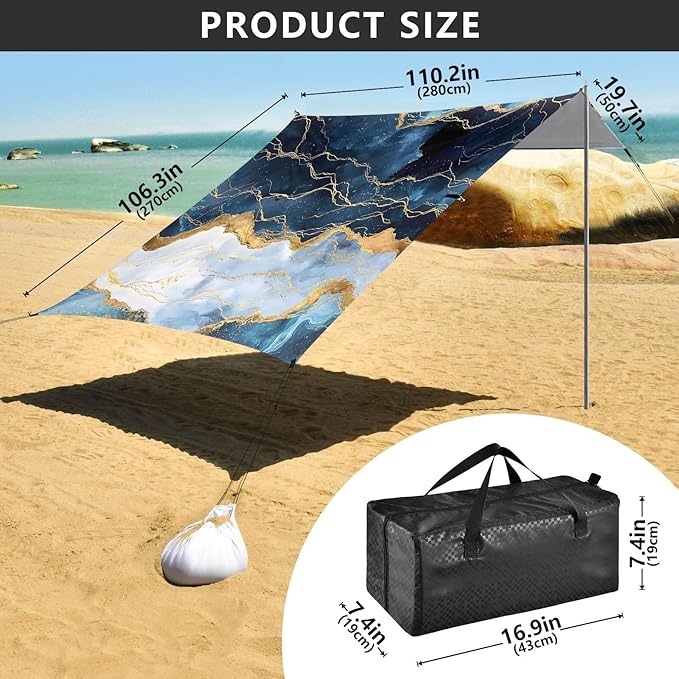 ALAZA Blue &amp Gold Marble Beach Tent Sun Shelter UPF50+ Protection Beach Shade Canopy w/ 4 Sandbags for Outdoor Camping Fishing Backyard Fun Picnic 10x9 ft