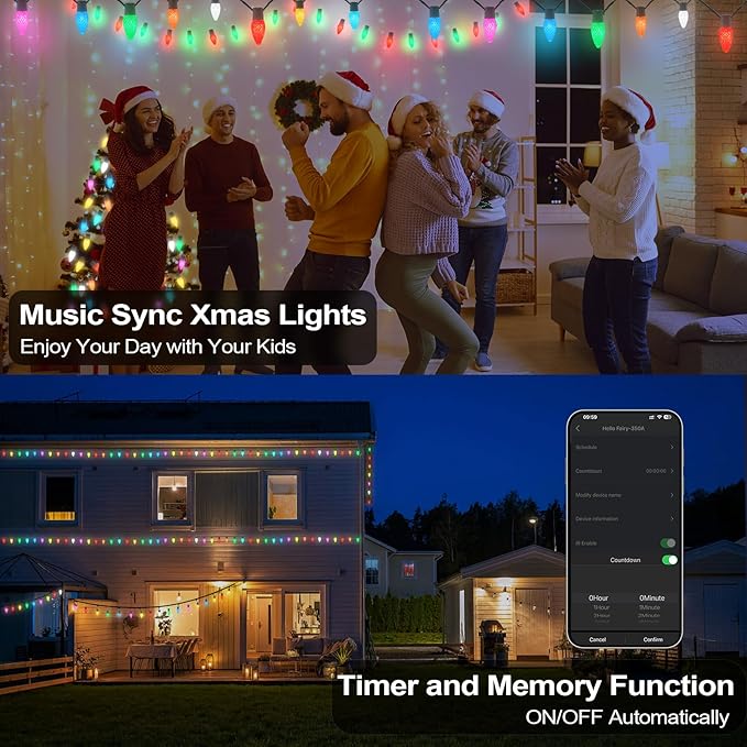Christmas Outdoor Lights C9 33FT 50 LEDs Smart APP Remote Control RGB String Lights Plug in DIY Chasing Xmas Lights Color Changing with Timer &amp Music Sync for Holiday Xmas Tree Decoration