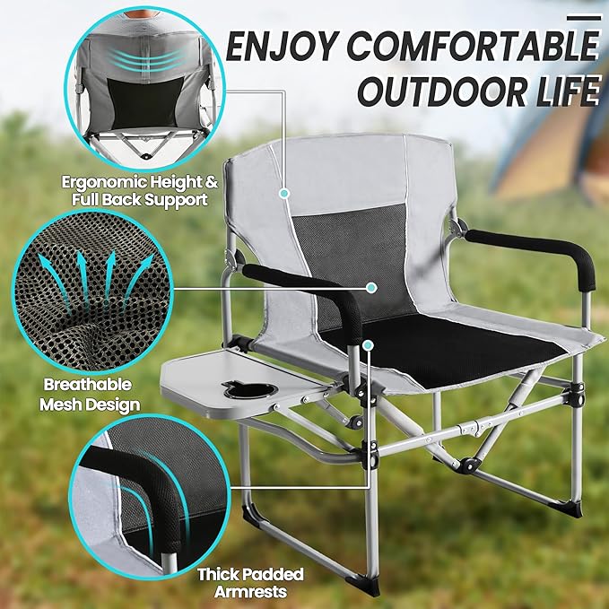 SHALLWE Oversized Director Chairs No Assembly Heavy Duty Folding Chair with Side Table for Camping Fold Up Outdoor Lawn Chairs for Adults Light Grey