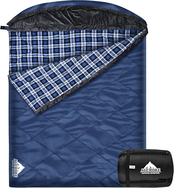 AGEMORE Cotton Flannel Double Sleeping Bag with Fleece Lined Hood Waterproof Queen Size 2 Person Sleeping Bag for Adults Cold Weather Camping Backpacking or Hiking 3-4season