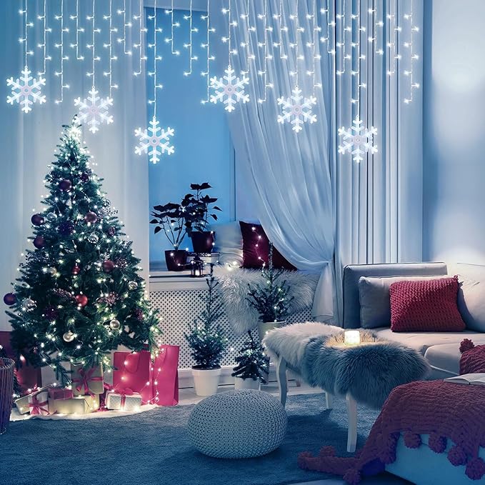 Minetom Snowflake Icicle Lights Outdoor 20FT 200 LED Icicle Christmas Lights with Timer 24 Drops 8 Modes Waterproof Christmas Light for Outdoor Outside Holiday Decoration Pure White