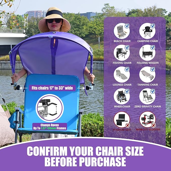 Universal Chair Umbrella Canopy UPF 50+ Chair Sun Shade Attachment with Adjustable Clamp Fits Most Brands’ Beach Camping Lawn Wheelchair Tanning Zero Gravity Lounge Fishing Chairs Patented