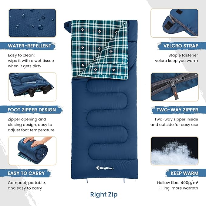 KingCamp Sleeping Bag for Adults Cold Weather &amp Warm XL Big and Tall Flannel Sleeping Bags with Compression Sack Portable Waterproof Essentials Gear Accessories for Outdoor Camping