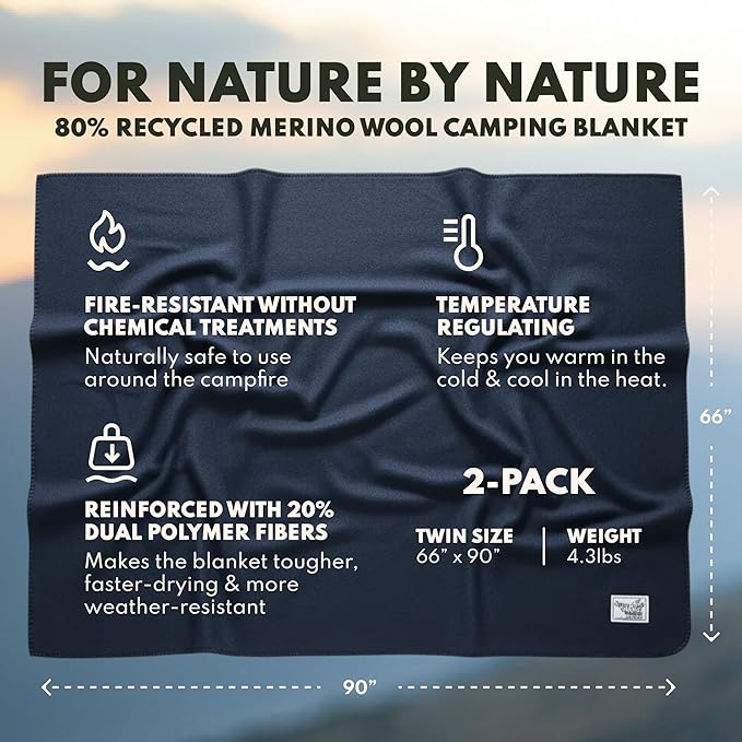 Woolly Mammoth 80% Merino Wool Camping Blanket 2-Pack - Naturally Fire-Resistant and Temperature-Regulating - for Cold Weather Camping Bushcraft and Emergency Car Kits (66 x 90 Lapis &amp Mulber