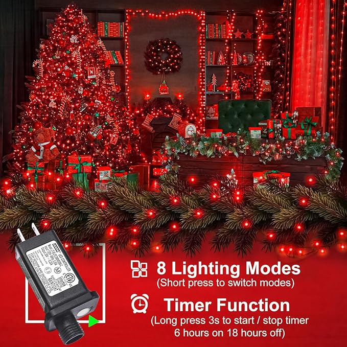 100FT 300 LED Christmas Lights Outdoor Plug in String Lights for Outside Waterproof with 8 Modes Connectable Green Wire Fairy Twinkle Lights for Indoor Patio Garden Xmas Holiday Decorations Red