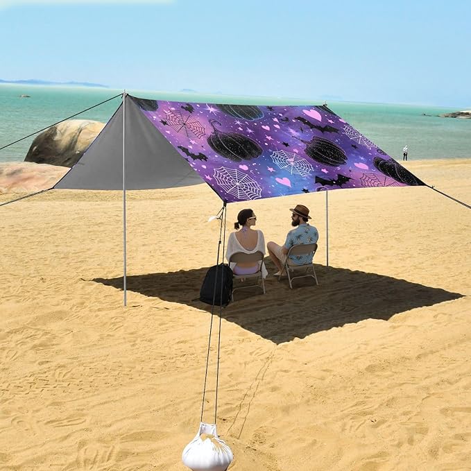 ALAZA Pumpkin Bat Heart Spider Web Halloween Beach Tent Sun Shelter UPF50+ Protection Beach Shade Canopy w/ 4 Sandbags for Outdoor Camping Fishing Backyard Fun Picnic 10x9 ft