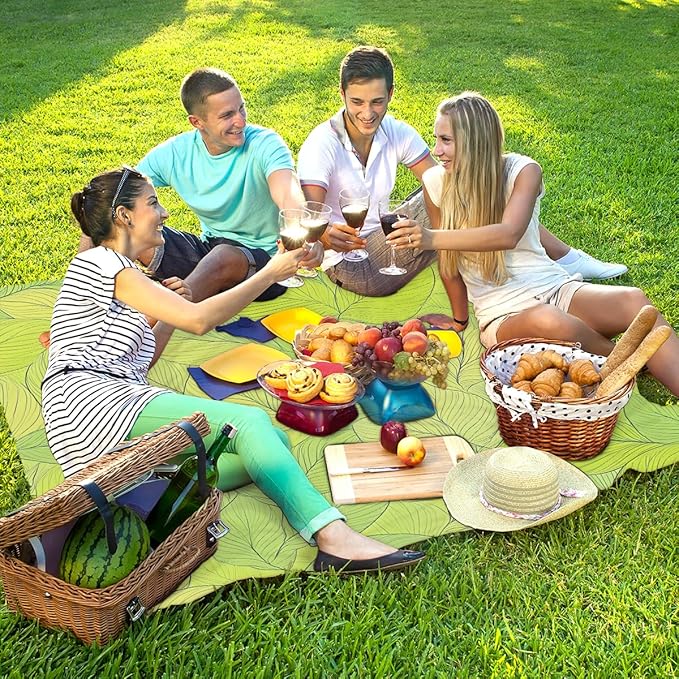 Waterproof Sandproof Beach Blanket 59''×68'' Curry Leaf Polyester Outdoor Picnic Blanket with 4 Stakes &amp Storage Bag for BeachCampingVacation Green