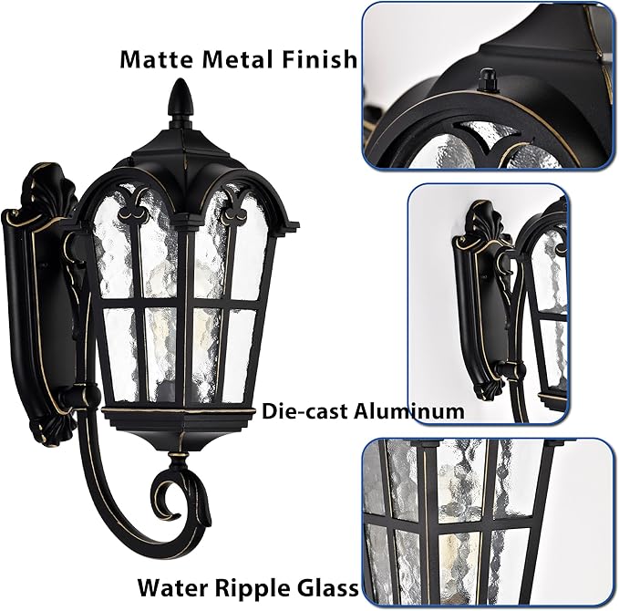 17 Outdoor Wall Light Fixture with Water Ripple Glass – Black Exterior Wall Sconce Waterproof Porch Light for Front Door Patio Garage Outdoor House Lighting