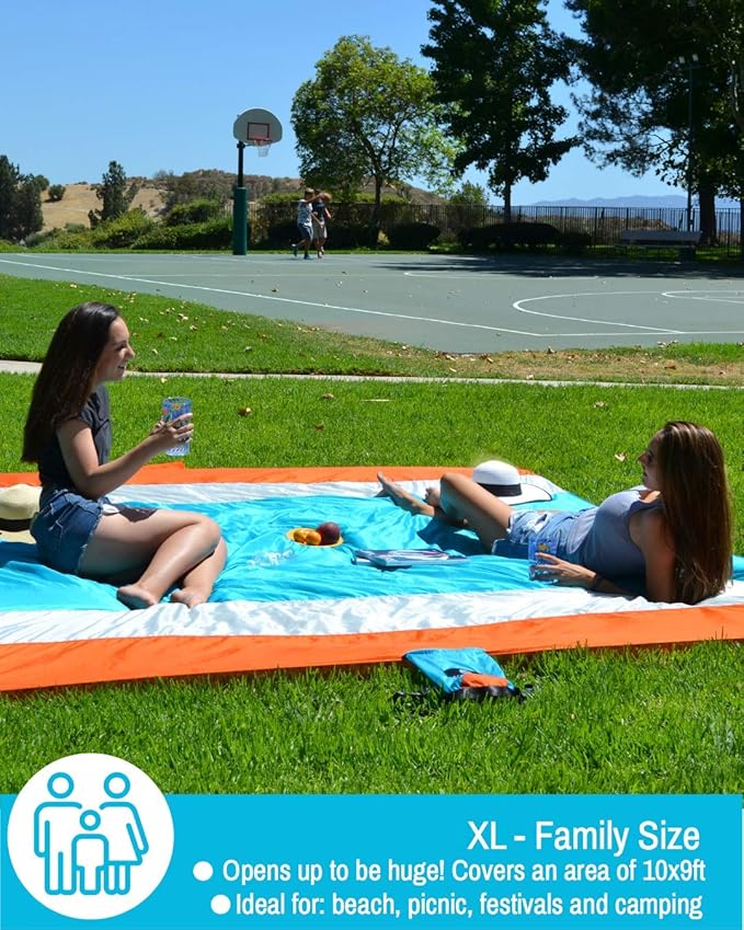 ECCOSOPHY Sandproof Beach Blanket - Oversized Sand Free Beach Mat 9'x10' - Lightweight Outdoor Picnic Blanket Anchored with 4 Corner Sand Pockets &amp Plastic Stakes - Heat Proof Quick Drying &amp