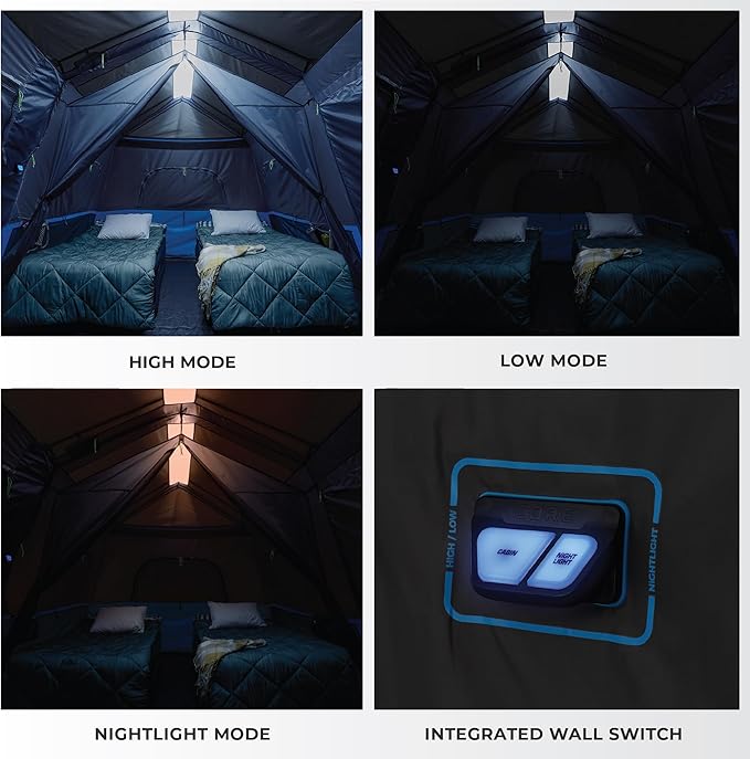 CORE Instant Cabin Tents with LED Lights | 6 Person / 9 Person / 12 Person Family Multi Room Lighted Pop Up Tents for Camping | Included Storage Pockets for Camping Accessories