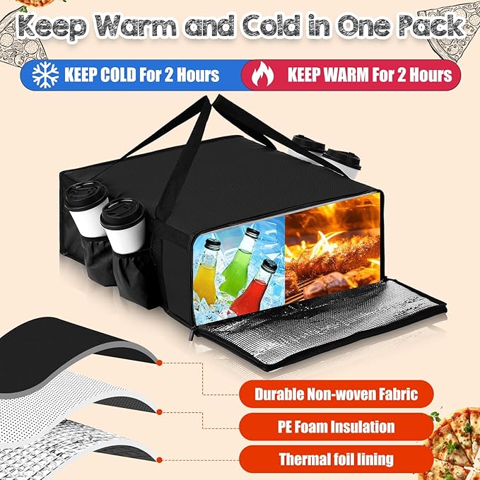 LemonRoad 3 Pcs Pizza Delivery Bag with 4 Cup Holder Insulated Food Grocery Bag 20 x 20 x 8 Pizza Warmer Bags for Carry Hot Catering Delivery Driver Essentials (Black)