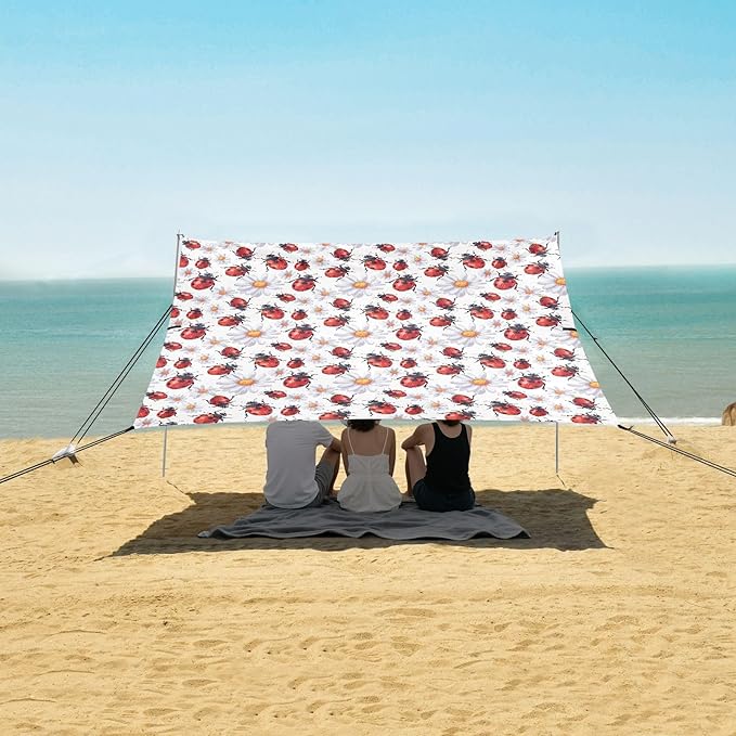 ALAZA Lady Bug Daisy Flower Beach Tent Sun Shelter UPF50+ Protection Beach Shade Canopy w/ 4 Sandbags for Outdoor Camping Fishing Backyard Fun Picnic 10x9 ft