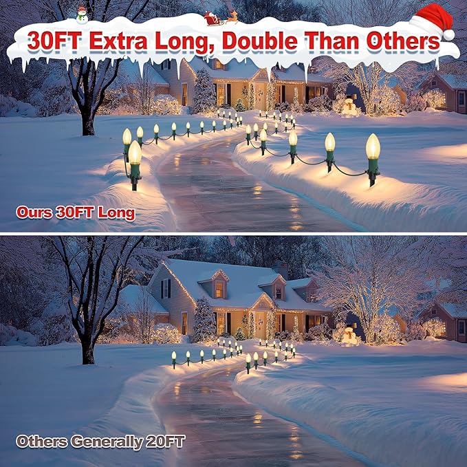 USOKYO 30Ft C9 Led 20 Bulbs Christmas Pathway Lights Outdoor Warm White Led Bulbs Waterproof Connectable Christmas Walkway Lights with Stakes for Yard Lawn Sidewalk Driveway Christmas Decorations
