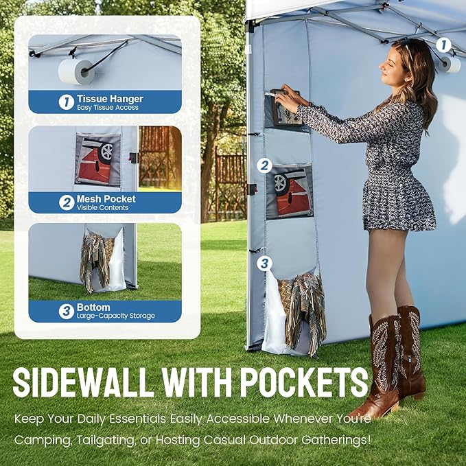 CROWN SHADES Canopy Tent 10x10 Pop Up Canopy Outdoor Shade with Pockets Sidewall Easy Up Sun Shelter with One Person Set Up Center Lock Portable Instant Camping Beach Canopy Tents Grid White