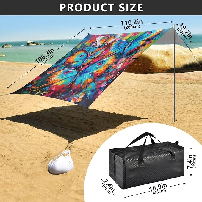 Camping Sun Shelters Bright Color Butterflies Painting Beach Canopy 126 * 110.2in