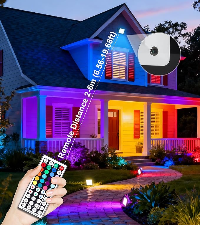 100W LED Flood Light with Remote &amp 6.6Ft Cable Christmas Floodlight RGB IP66 Waterproof Color Changing 5000K White Daylight Timing Waterproof Landscape Light Outdoor Uplight for Event 4 Pack