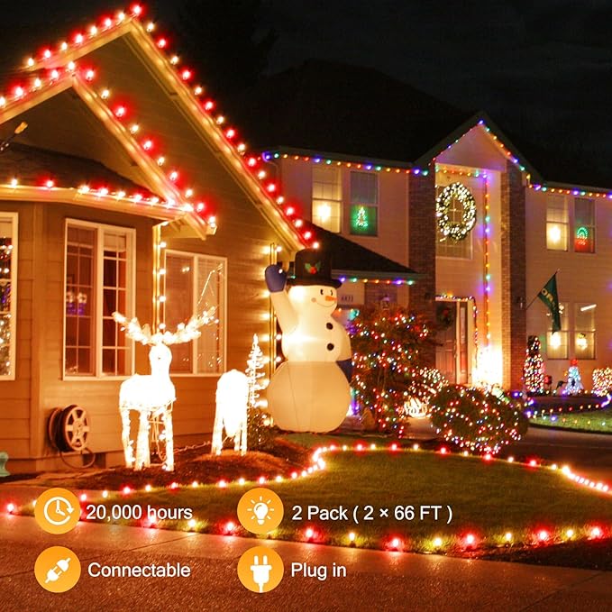 Brightown C9 LED Christmas String Lights 2 Pack Total 132ft 200LED Outdoor Lights String Plug-in Connectable Waterproof Roofline Lights String for Outside Yard Christmas Holiday Decor