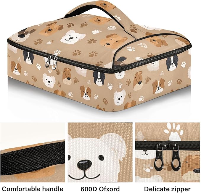 Casserole Carrier Loveliness Dogs PatternInsulated Casserole Carrier for Hot or Cold Food Thermal Lunch Tote for Potluck Parties Picnic Beach Fits 9 x 13 Inches Baking Dish