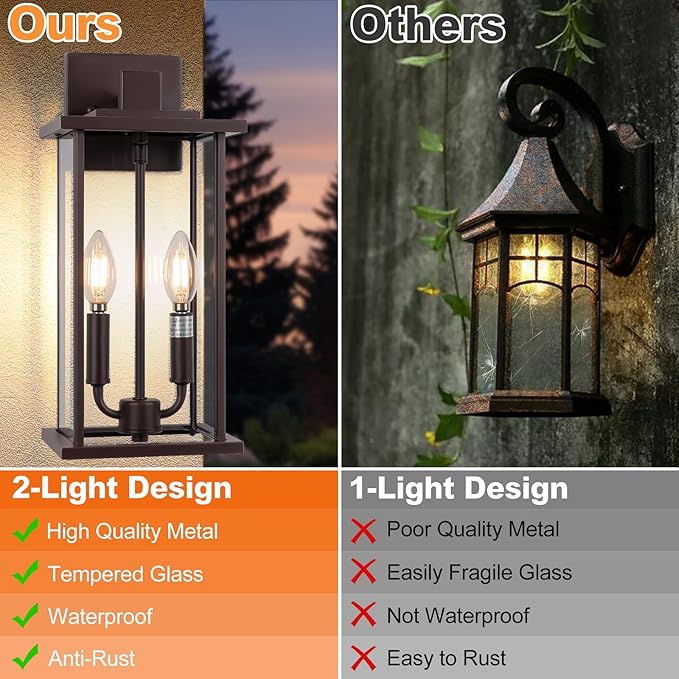 2-Pack 16 Large Outdoor Wall Light Fixtures 2-Light Exterior Front Porch Light Brushed Outdoor Sconce Lights Waterproof Farmhouse Lamp Lighting (Bronze 16in No Sensor)