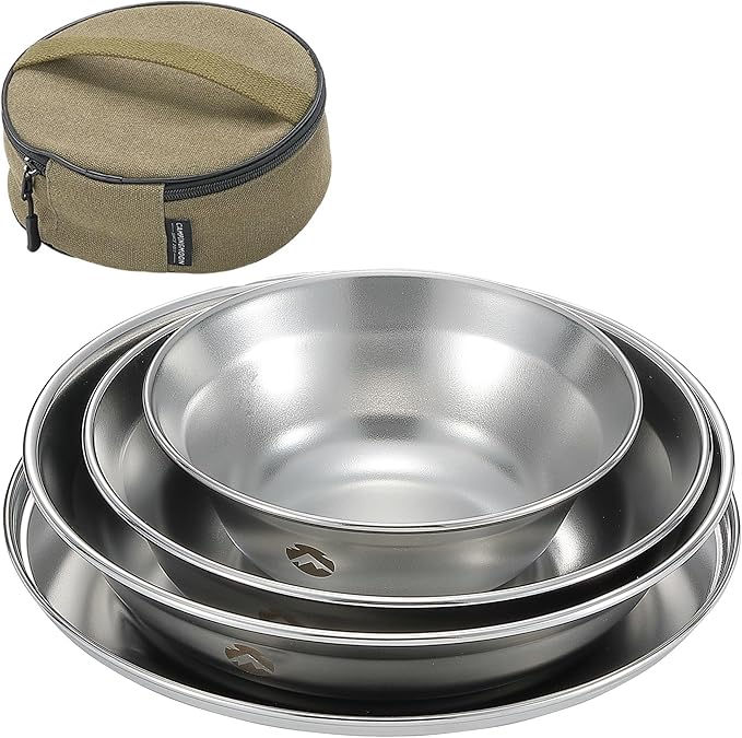 CAMPINGMOON Camping Tableware Set Stainless Steel Camping Plates Bowl Stackable Outdoor Dinnerware Canvas Carry Case Camping Hiking Picnic