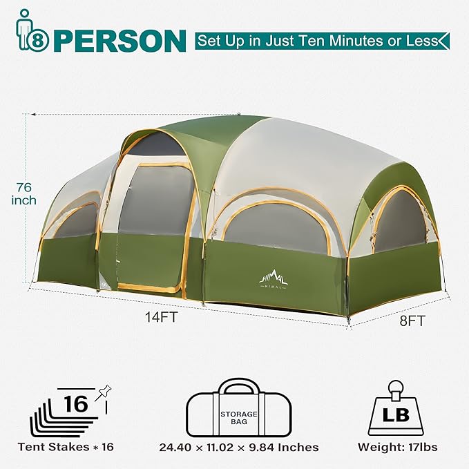 8 Person Tent for Camping Waterproof Windproof Family Tent with Rainfly Divided Curtain Design for Privacy Space Portable with Carry Bag