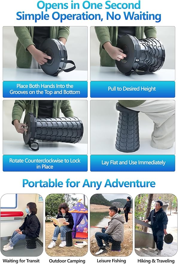 Collapsible Stool Adjustable Height Foldable Stool 396lbs Max Weight Lightweight But Sturdy Folding Stool for Fishing Hiking Tours BBQ Parties Outdoor Activities HEI-2PCS