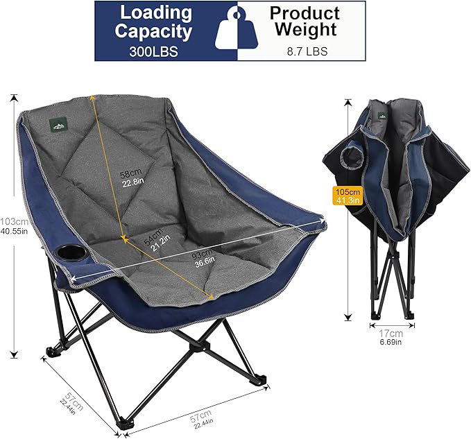 Northroad Oversized Foldable Camping Chair Outdoor Padded Lawn Chair w/Cup HolderCarry Bag for Beach Hiking and PicnicsHeavy-Duty 300-lbs Capacity Blue