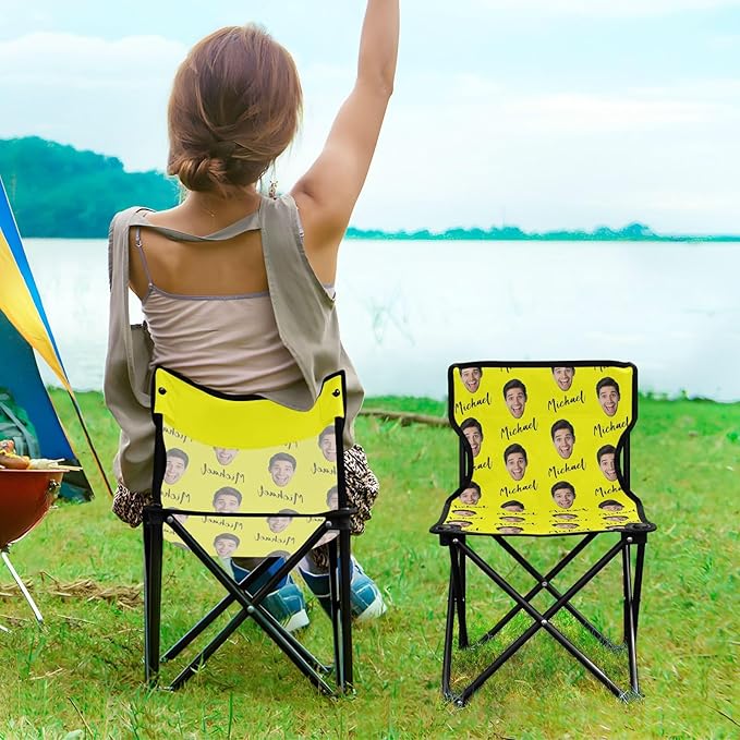 Sinestour Yellow Custom Photo Folding Camping Chair for Teen Child Personalized Name 14.6×14.6in Portable Outdoor Chair with Carry Bag for Beach Picnic Travel