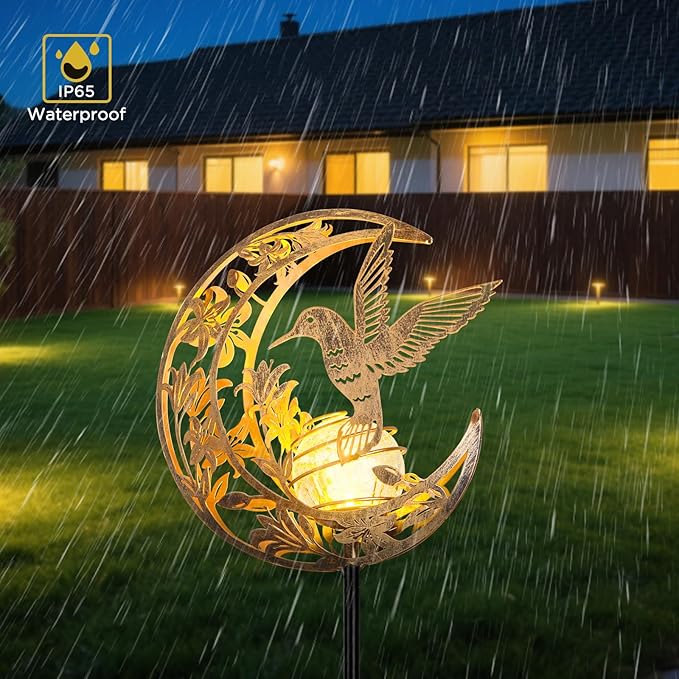 Solar Hummingbird Lights Outdoor Decor - Moon &amp Bird SolaGardenLights Waterproof Auto On/Off Pathway Lighting for Yard/Lawn/Patio Handcrafted Metal Solar-Stake-Lights for Outside Decorations
