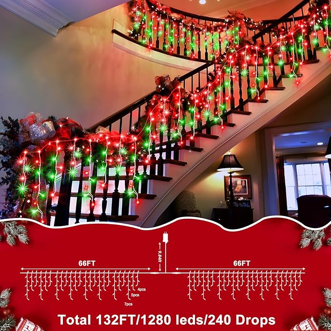 XURISEN 132ft Christmas Lights Decorations Outdoor 1280 LED 8 Modes Fairy Lights with 240 DropsPlug in Waterproof Timer Memory Function for Christmas Holiday Wedding Party Decorations(Red+Green)