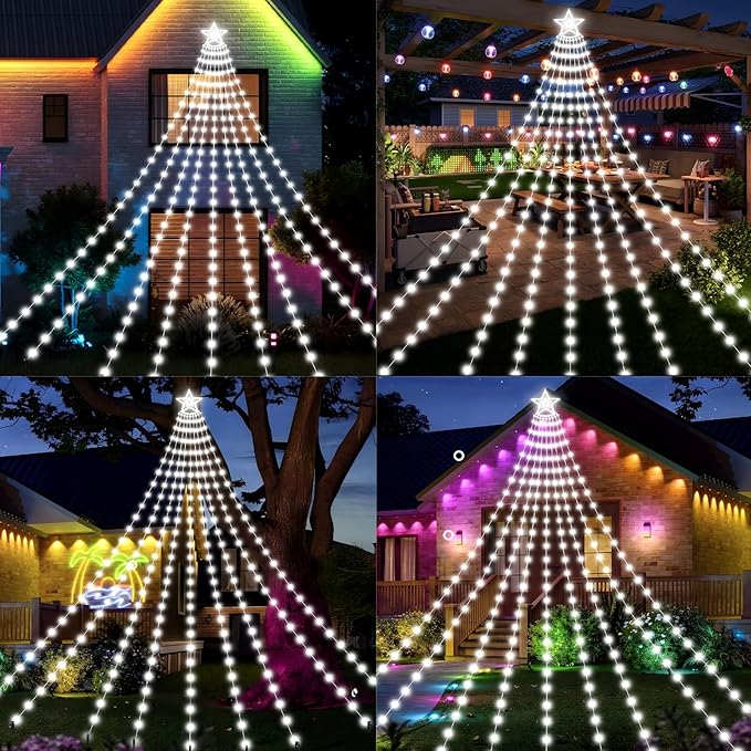 Solar Christmas Decorations Tree Lights Outdoor 18.37ft 532LED Waterfall String Lights with 8 Modes Timer Remote Xmas Lights USB Powered for Garden Yard Patio Home Holiday Party Decor Pure White