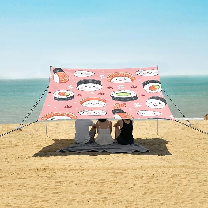 Sushi Pattern Pink Beach Tent Sun Shelter 9.2' x 10.5' Beach Canopy with 4 Sandbags 4 Stability Poles Sand Shovels - Tent Canopy for Beach Camping Fishing Picnics