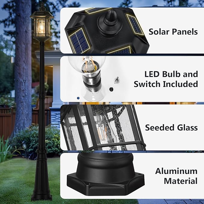 Emliviar 82 Solar Street Lamp Outdoor LED Dusk to Dawn Pole Solar Light with Remote Control Waterproof Post Lighting with Seeded Glass A2202110PL-SL BK