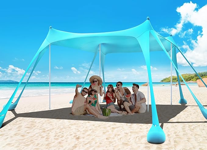Osoeri Beach Tent Camping Sun Shelter UPF50+ with 8 Sandbags Sand Shovels Ground Pegs &amp Stability Poles Outdoor Shade Beach Canopy for Camping Trips Fishing Backyard Fun or Picnics