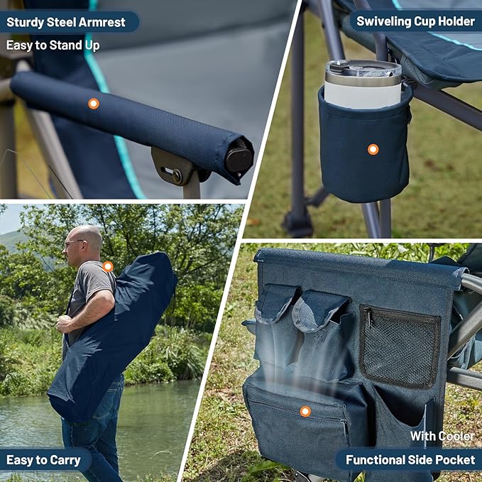 Timber Ridge Oversized Folding Camping Chair with Lumbar Support Adjustable High Back Heavy Duty for Adults Support up to 500lbs with Cup Holder Cooler Bag Side Pocket Blue