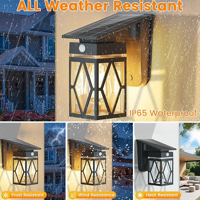 2 Pack Solar Porch Lights Outdoor Dusk to Dawn &amp Motion Sensor Solar Wall Light with Lantern Shape 3 Modes IP65 Waterproof E26 Bulb Exterior Sconce for Front Porch Garage Patio Security