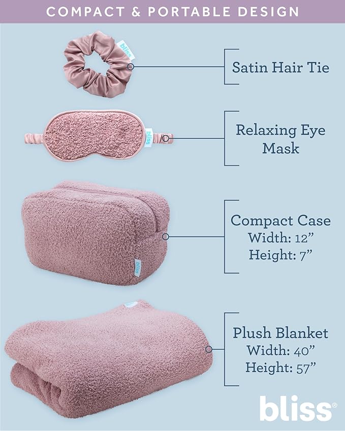 Bliss Womens Travel Blanket Set - 4 Piece Plush Microfiber Packable Travel Blanket with Relaxing Sleep Mask Carry On Case and Satin Hair Tie Pink Gaze