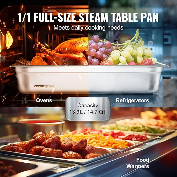 VEVOR 6 Pack Stainless Steel Hotel PansFull Size 4 Inch Deep 0.8mm Thick Anti-Jam Commercial Food Pans for Steam Tables Restaurants Catering &amp Industrial Use