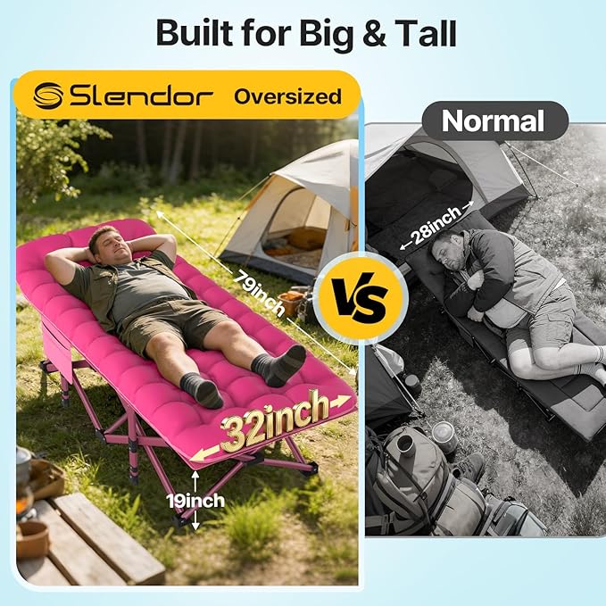 Slendor XXL Folding Camping Cot for Adults with Mattress Pillow Carry Bag 32 inch Extra Wide Portable Sleeping Cot 900LBS Support Outdoor Cot Bed for Office Nap Beach Travel RV